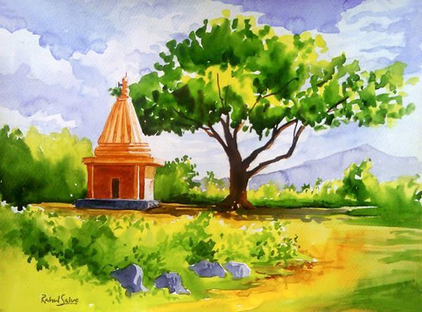 Temple in a good village in watercolor medium