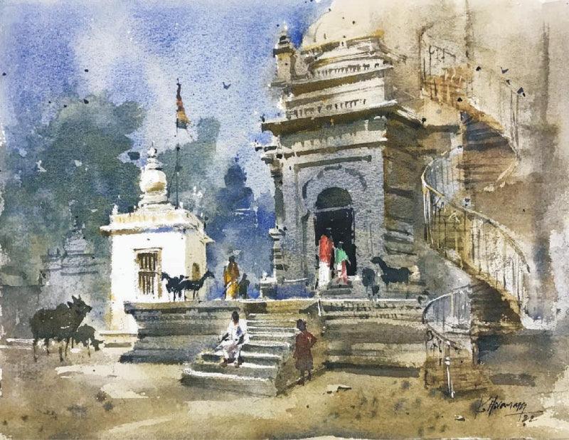 “Temple” watercolor popular painting.