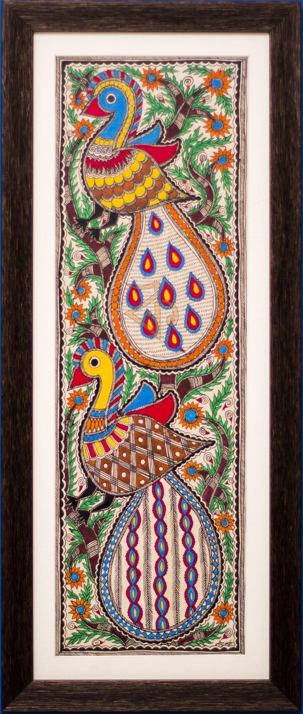 Folk Art madhubani traditional art titled '2 peacocks Madhubani Painting', 24x9 inches, by artist Kalaviti Arts on Cloth