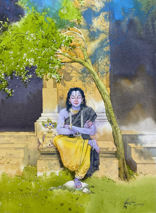 Religious watercolor painting titled '2 Sists Parijaat And Krishna', 28x21 inches, by artist Vasudeo Kamath on Paper