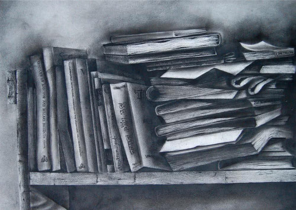 Still-life charcoal drawing titled '3 Books On Rack', 30x24 inches, by artist RAMA REDDY on Paper