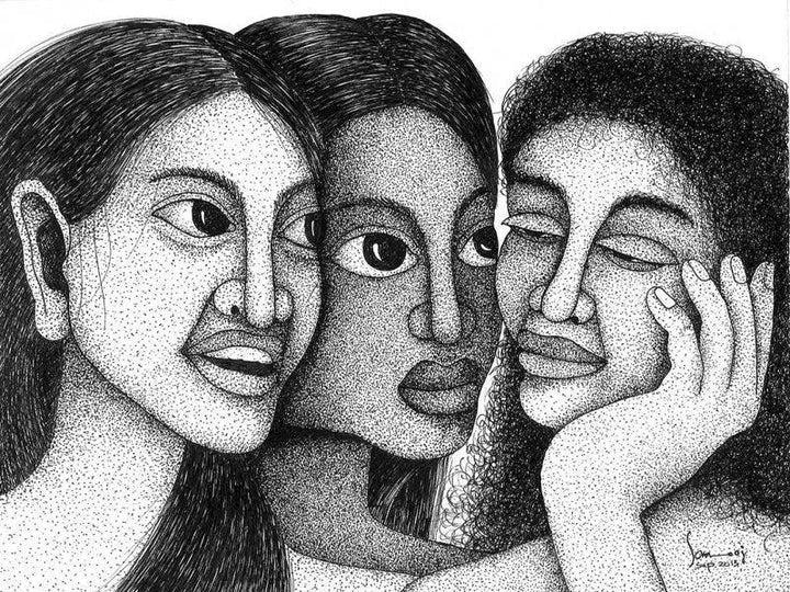 Figurative pen drawing titled '3 Women', 8x11 inches, by artist Sanooj KJ on Paper