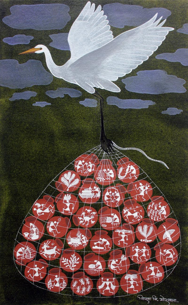 Figurative warli traditional art titled '33 Pitchers', 24x16 inches, by artist Kiran Gorwala on Canvas