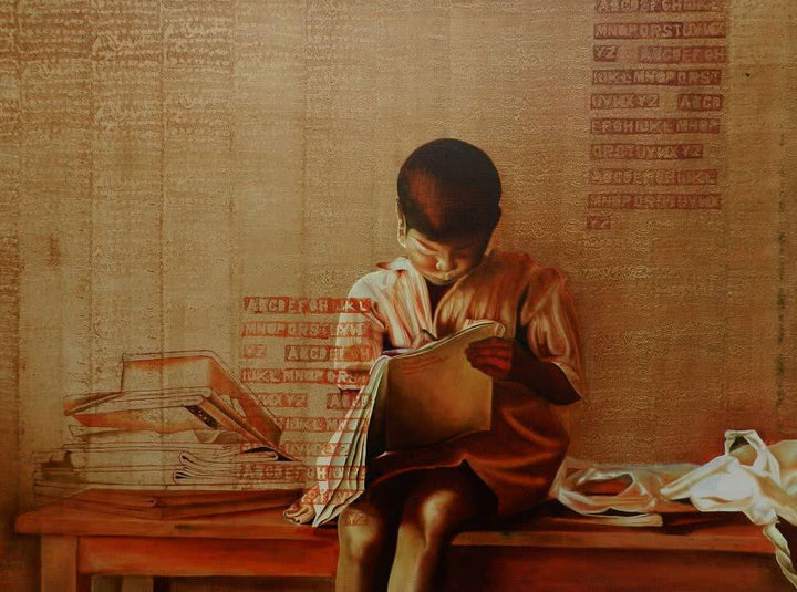 Figurative oil painting titled '8 Vidyardhi', 36x48 inches, by artist RAMA REDDY on Canvas