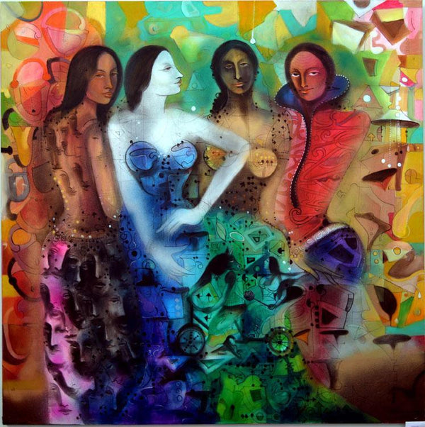 Figurative acrylic painting titled 'Attitude 1', 83x83 inches, by artist Madan Lal on Canvas