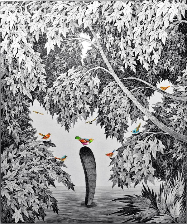 Animals pen ink drawing titled 'Birds 2', 36x30 inches, by artist Umakant Kanade on Canvas