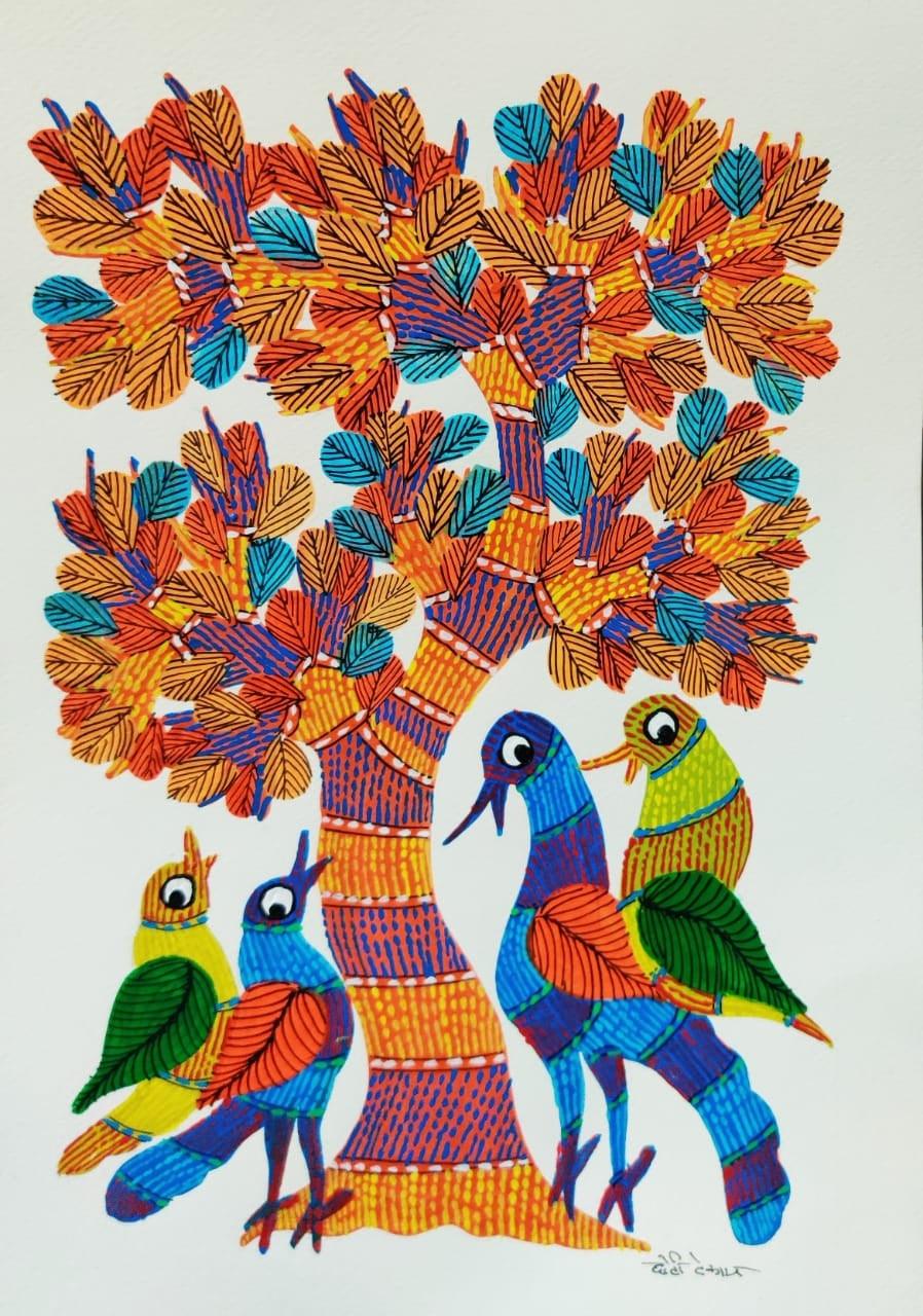 Gond Art - Deers and Tree | Indian Tribal art |Acrylic on silk |  step-by-step | for beginners | Gond Art - Deers and Tree | Indian Tribal art  |Acrylic on silk |
