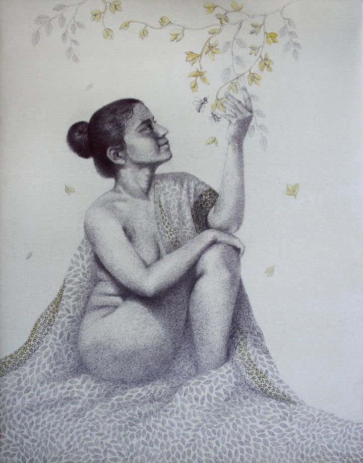 Nude mixed media painting titled 'Blossom 2', 48x36 inches, by artist Mansi Sagar on Canvas