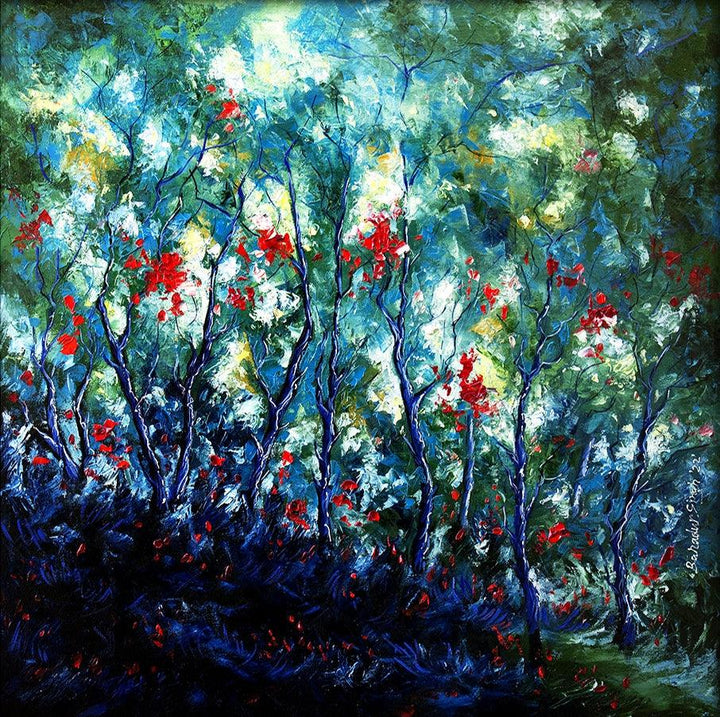 Nature oil painting titled 'Blue Winter 2', 30x30 inches, by artist Bahadur Singh on Canvas