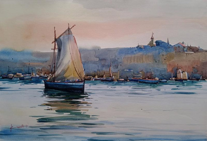 Nature watercolor painting titled 'Boat 2', 22x15 inches, by artist Prasanta Maiti on Paper