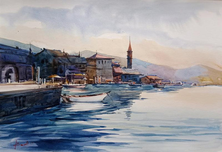 Cityscape watercolor painting titled 'Boat', 22x15 inches, by artist Prasanta Maiti on Paper