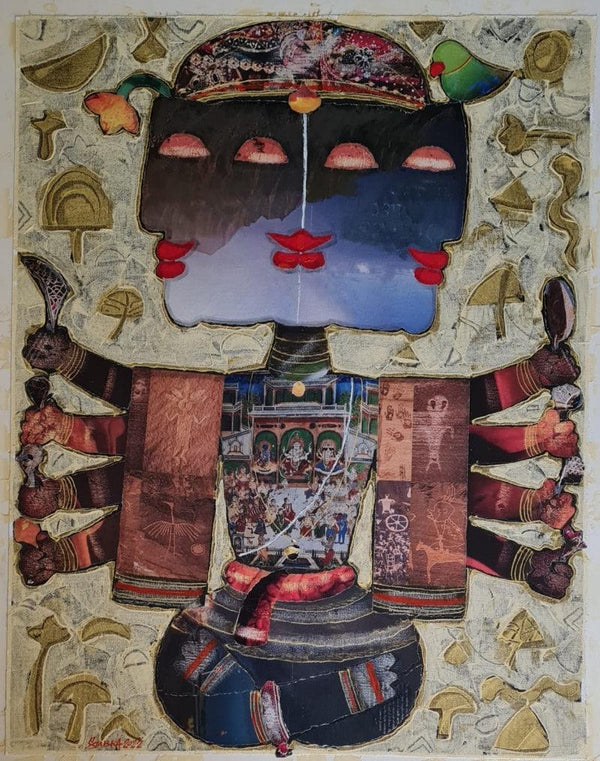 Religious mixed media painting titled 'Brahma', 28x22 inches, by artist G Subramanian on Canvas