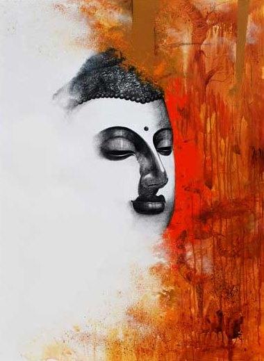 Religious acrylic painting titled 'Buddha II', 48x36 inches, by artist Narayan Shelke on Canvas