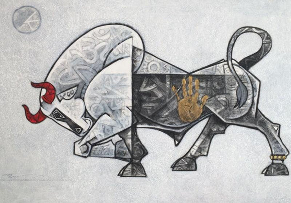 Animals acrylic painting titled 'Bull 1', 30x42 inches, by artist Dinkar Jadhav on Canvas