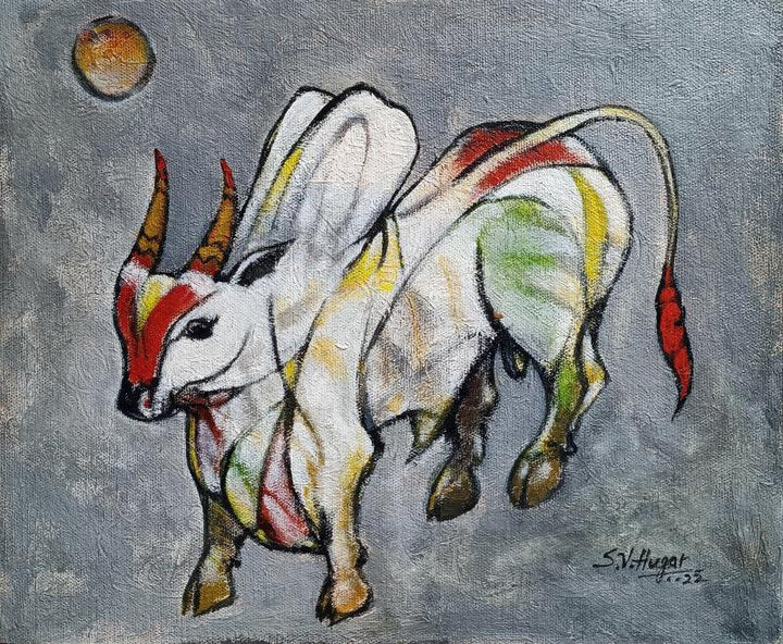 Animals acrylic painting titled 'Bull 12', 10x12 inches, by artist Shivu Hugar on Board