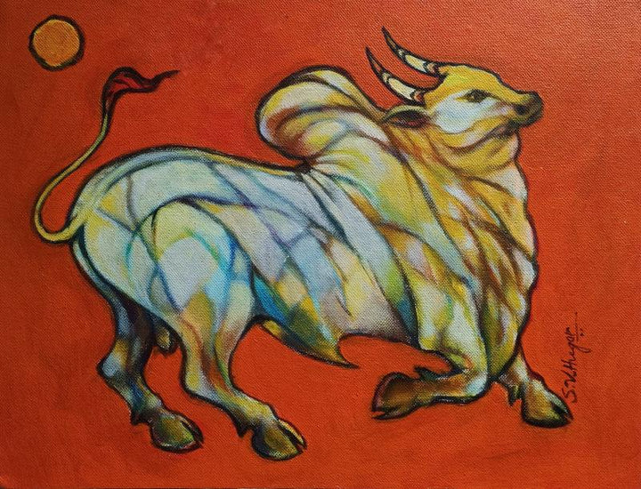 Animals acrylic painting titled 'Bull 17', 10x14 inches, by artist Shivu Hugar on Board