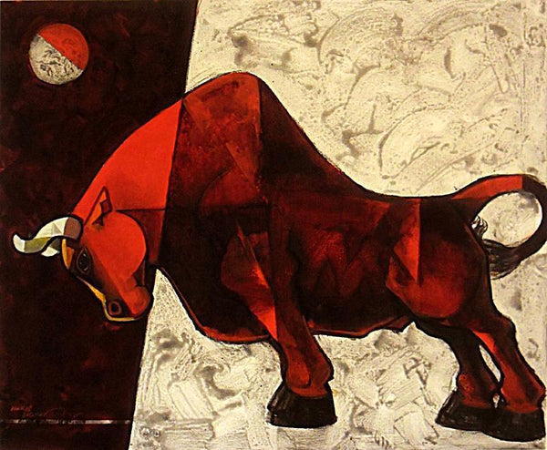 Animals acrylic painting titled 'Bull 2', 30x24 inches, by artist Dinkar Jadhav on Canvas