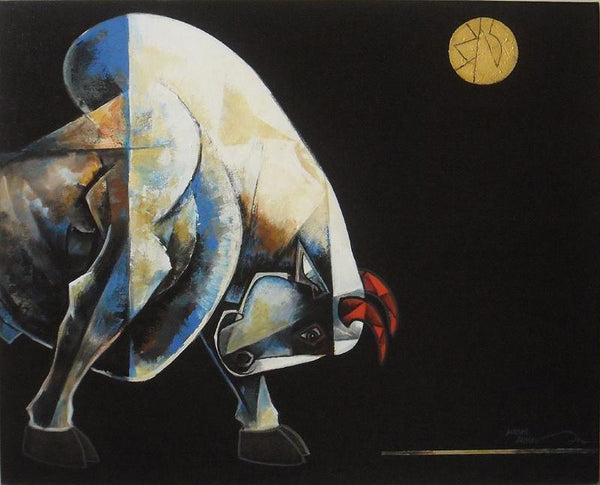 Animals acrylic painting titled 'Bull 3', 30x24 inches, by artist Dinkar Jadhav on Canvas