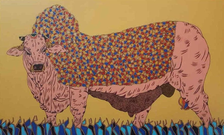 Animals acrylic painting titled 'Bull 4', 36x60 inches, by artist Rama Krishna V on Canvas