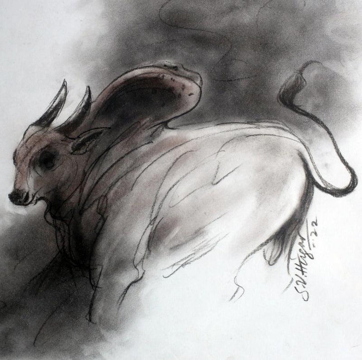 Animals charcoal drawing titled 'Bull 8', 8x8 inches, by artist Shivu Hugar on Paper