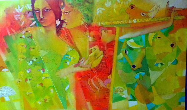 Figurative acrylic painting titled 'Celebration 1', 36x60 inches, by artist Madan Lal on Canvas