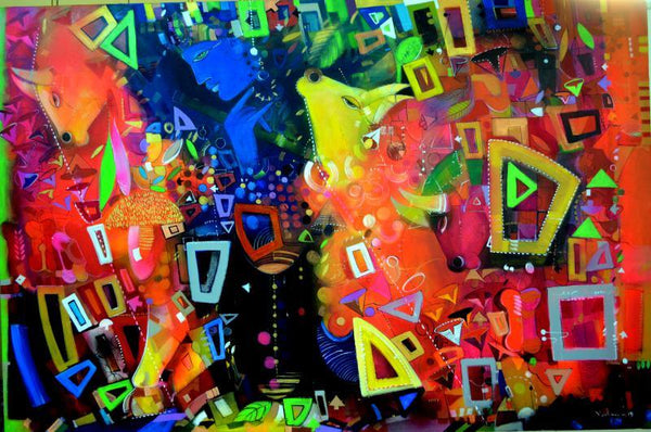 Abstract acrylic painting titled 'Celebration', 44x70 inches, by artist Madan Lal on Canvas