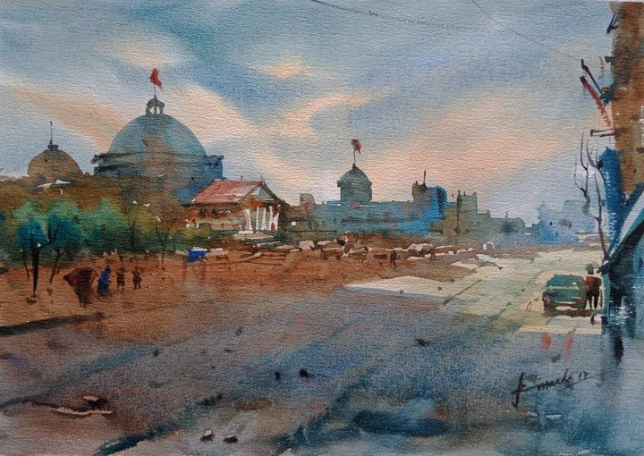 Cityscape watercolor painting titled 'Cityscape 1', 17x12 inches, by artist Prasanta Maiti on Paper