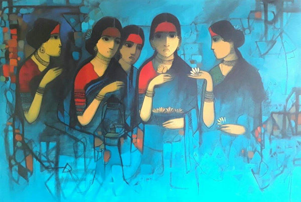 Figurative acrylic painting titled 'Conversation', 48x72 inches, by artist Sachin Sagare on Canvas