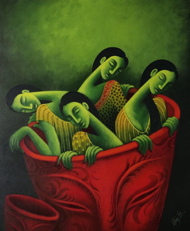 Figurative acrylic painting titled 'Dreams', 36x30 inches, by artist Uttam Bhattacharya on Canvas