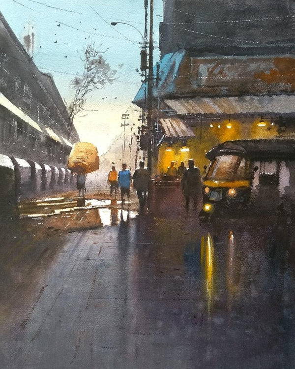 Cityscape watercolor painting titled 'Evening', 20x14 inches, by artist NanaSaheb Yeole on Paper