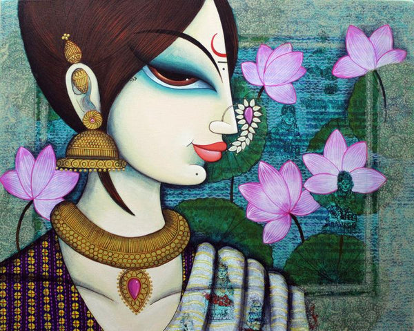 Figurative acrylic painting titled 'Face', 24x30 inches, by artist Varsha Kharatamal on Canvas