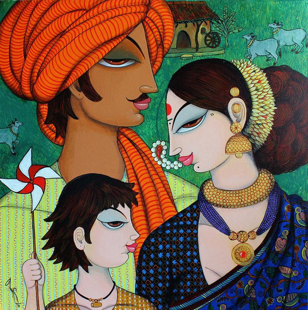 Figurative acrylic painting titled 'Family', 30x30 inches, by artist Varsha Kharatamal on Canvas