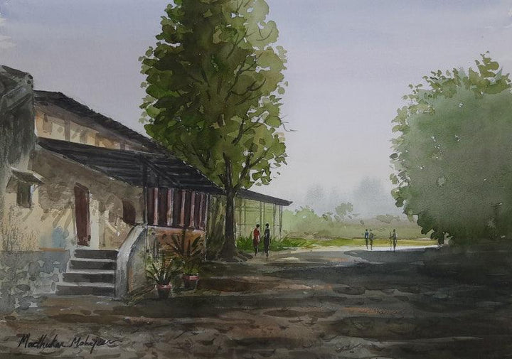 Landscape watercolor painting titled 'Farmhouse', 12x16 inches, by artist Madhukar Mahajan on Paper