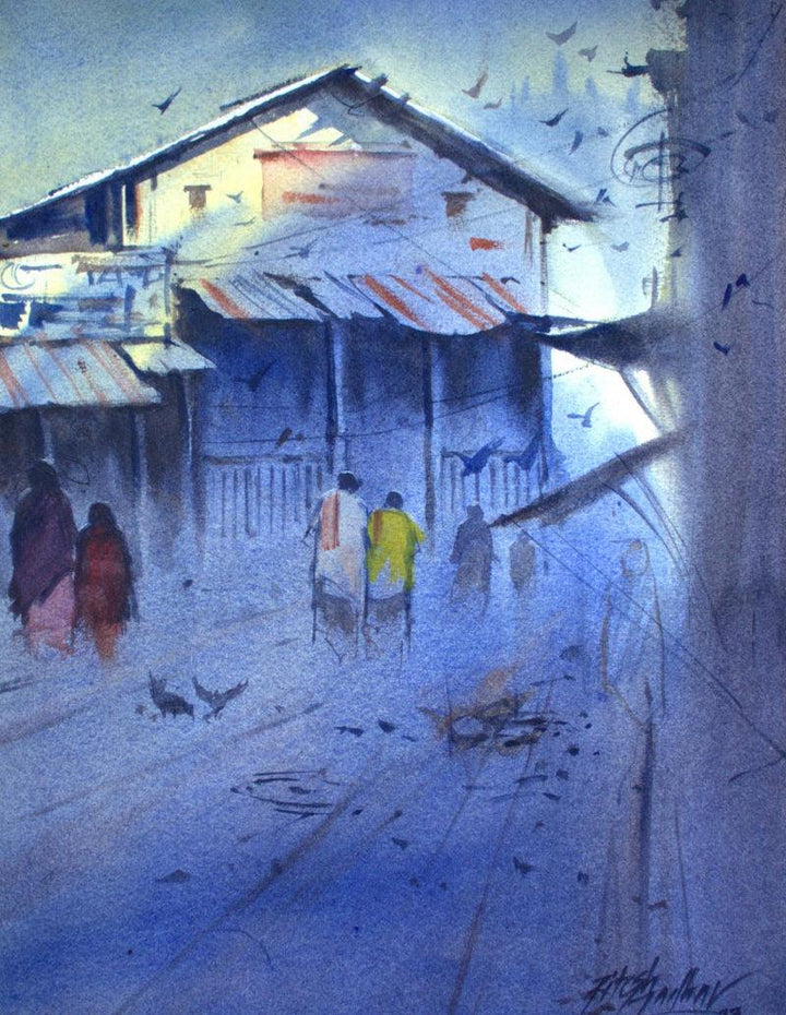 Cityscape watercolor painting titled 'First Light', 40x20 inches, by artist Ritesh Jadhav on Paper