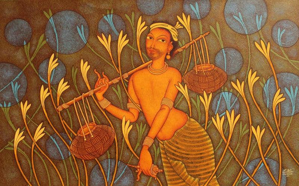 Figurative acrylic painting titled 'Fisherman', 30x48 inches, by artist Manikandan Punnakkal on Canvas