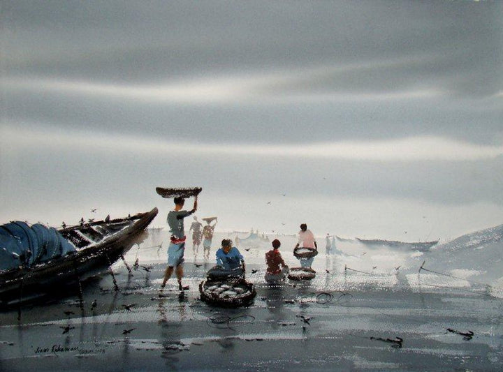 Cityscape watercolor painting titled 'Fishing', 21x29 inches, by artist Jiaur Rahman on Paper