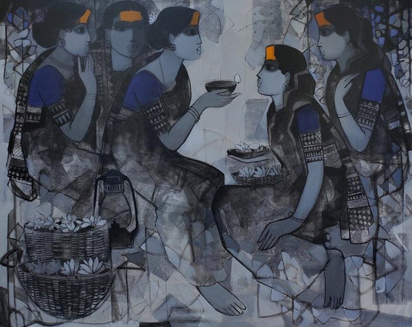 Figurative acrylic painting titled 'Friends 1', 48x60 inches, by artist Sachin Sagare on Canvas