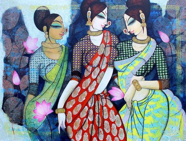 Figurative acrylic painting titled 'Friends 2', 36x48 inches, by artist Varsha Kharatamal on Canvas