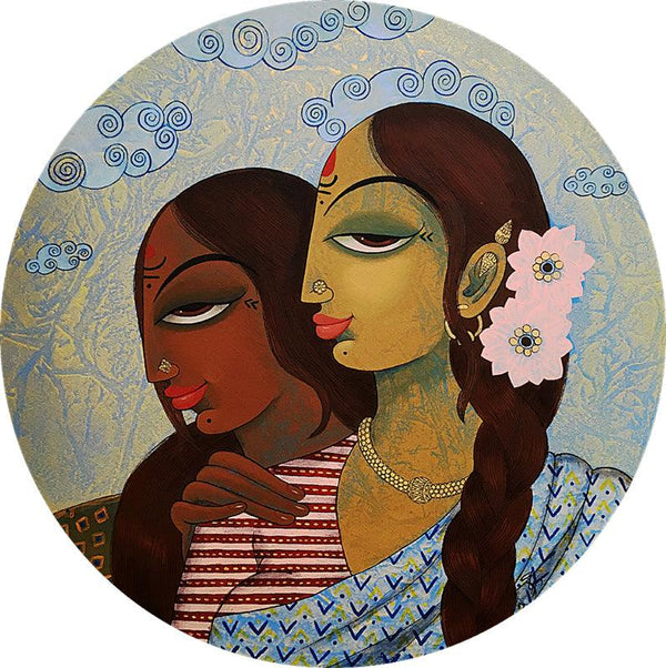 Figurative acrylic painting titled 'Friends', 24x24 inches, by artist Varsha Kharatamal on Canvas