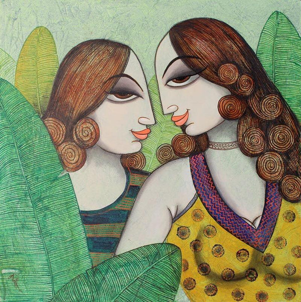 Figurative acrylic painting titled 'Friends', 24x24 inches, by artist Varsha Kharatamal on Canvas