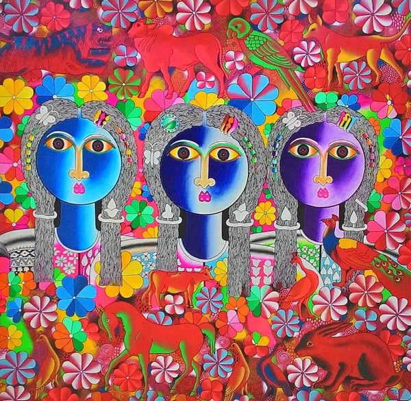 Figurative acrylic painting titled 'Friends', 48x48 inches, by artist Ravi Kattakuri on Canvas