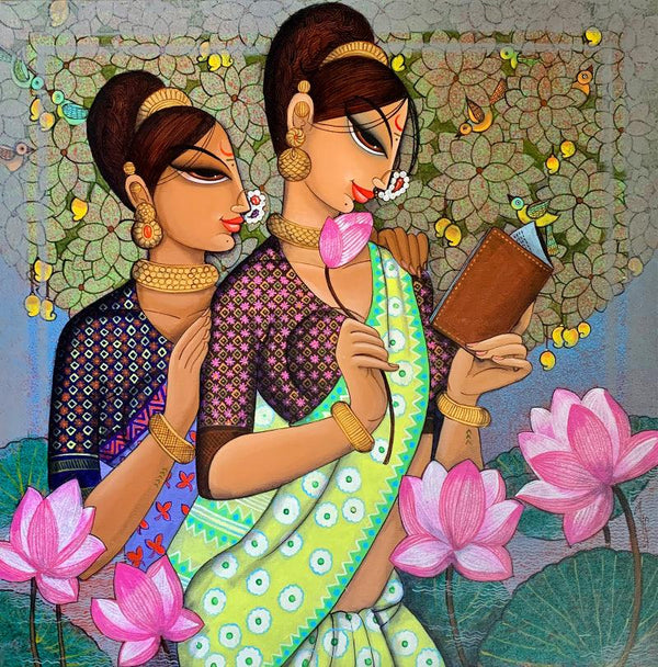 Figurative acrylic painting titled 'Friends', 30x30 inches, by artist Varsha Kharatamal on Canvas