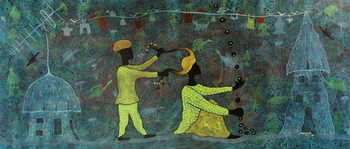 Figurative acrylic painting titled 'From village to the virtual world', 30x72 inches, by artist Lakhan Singh Jat on Canvas