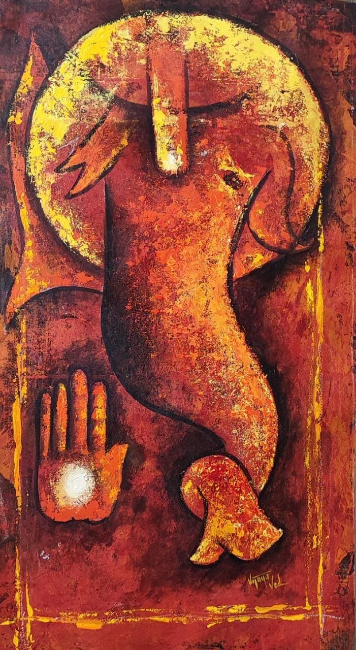 Religious oil painting titled 'Ganesha 2', 36x20 inches, by artist Vijaya Ved on Canvas