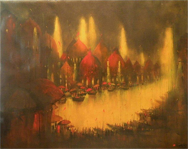 Landscape acrylic painting titled 'Ganga Ghat', 30x40 inches, by artist Parag Adhikari on canvas