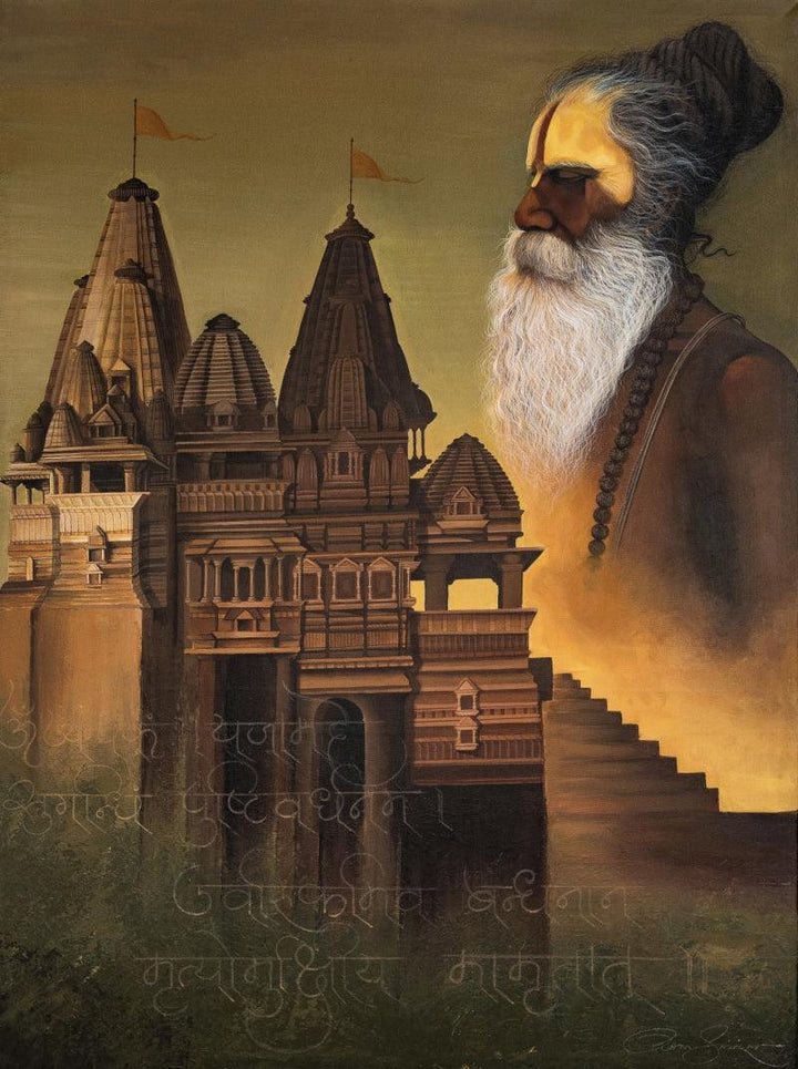 Religious acrylic painting titled 'Gate Of Moksha', 44x35 inches, by artist Roni Sarkar on Canvas