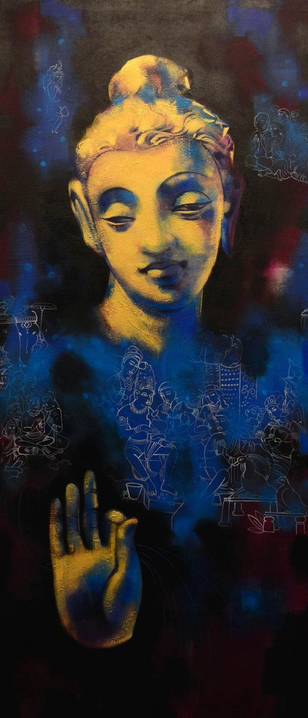 Religious acrylic painting titled 'Gautama Buddha', 84x34 inches, by artist Devendra Nimbargikar on Canvas