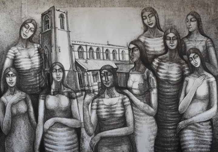 Figurative dry pastel drawing titled 'Golden Memories', 60x84 inches, by artist Sumana Nath De on Paper