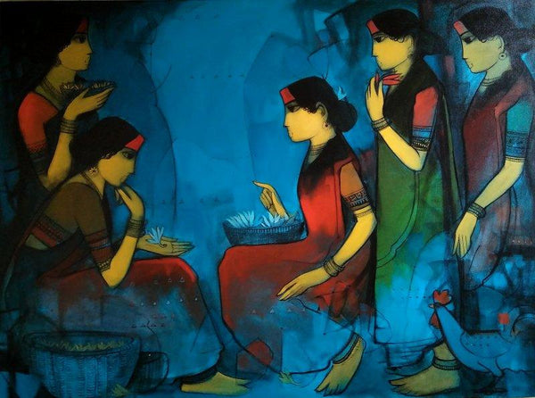 Figurative acrylic painting titled 'Gossip', 48x60 inches, by artist Sachin Sagare on Canvas