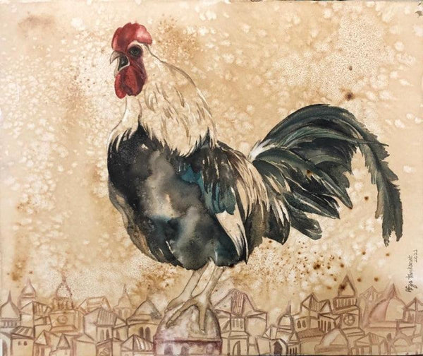 Animals coffee & watercolor painting titled 'Hen', 20x24 inches, by artist Afza Tamkanat on Canvas